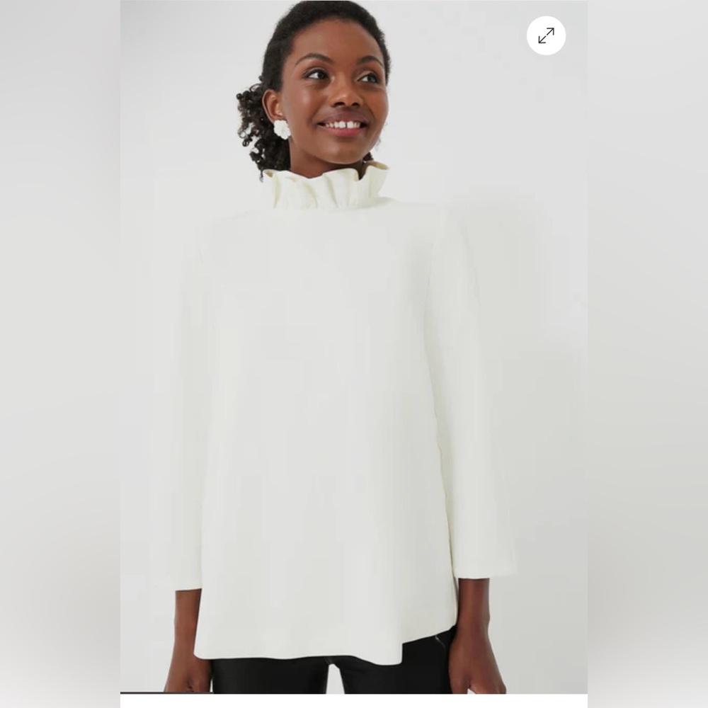 Woman Tuckernuck White Faye Ruffle Bow Preppy 3/4 Sleeve Crepe Blouse Top Size L